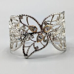 Silver Leaf Filigree Cuff Bracelet w/ 14K Gold Detail Cubic  Zirconia